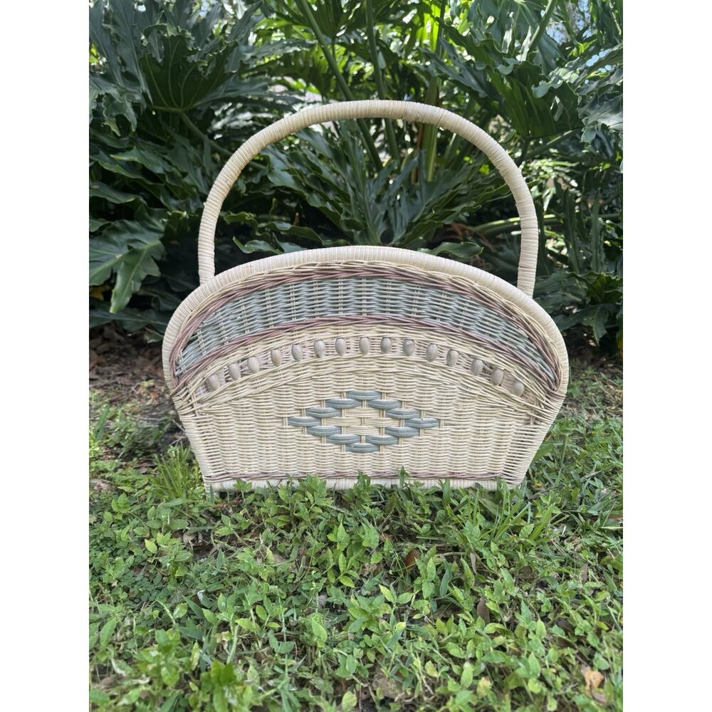 Vintage Rattan Wicker Magazine Rack Holder Southwest Coastal Cottagecore Boho